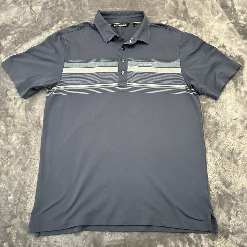 Travis Mathew Polo Shirt Mens‎ Medium Blue Striped Stretch Quick Dry Preppy Golf